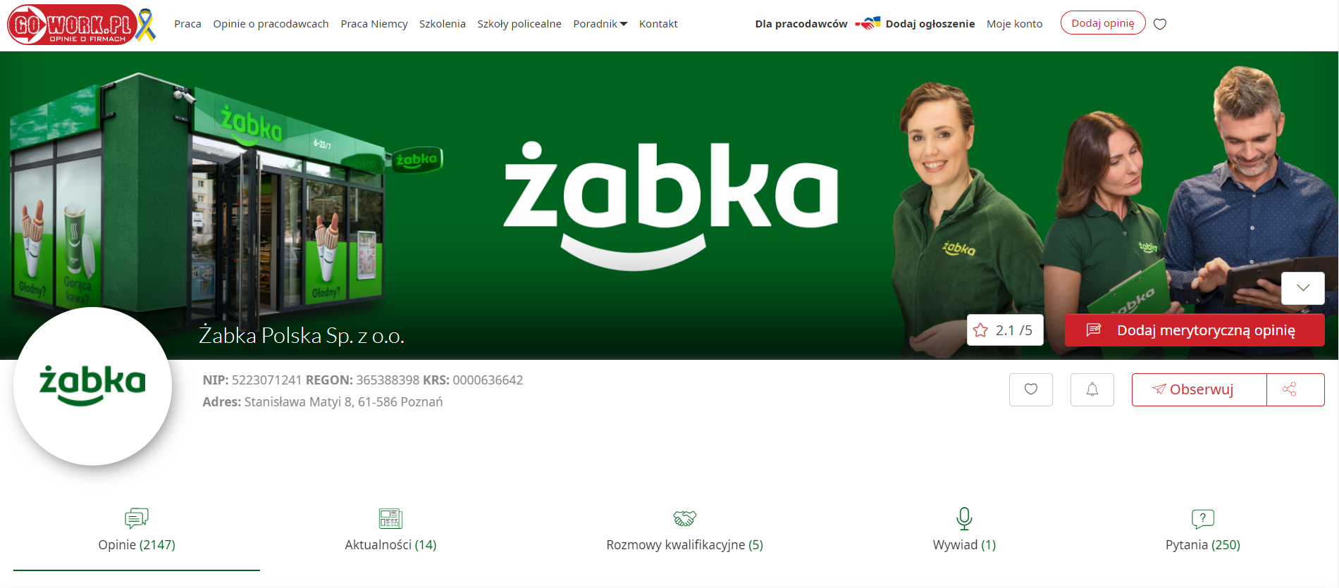 profil firmy Żabka na GoWork.pl